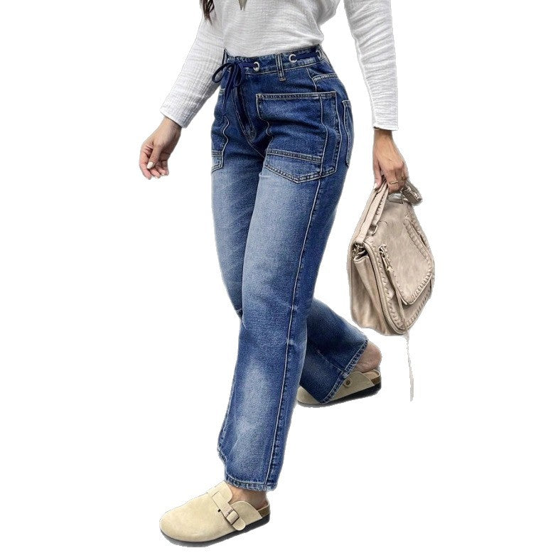 Damen Hochtaillierte Jeans mit geradem Bein, Tunnelzugbund und aufgesetzten Taschen Nord Taschen