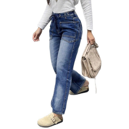 Damen Hochtaillierte Jeans mit geradem Bein, Tunnelzugbund und aufgesetzten Taschen Nord Taschen