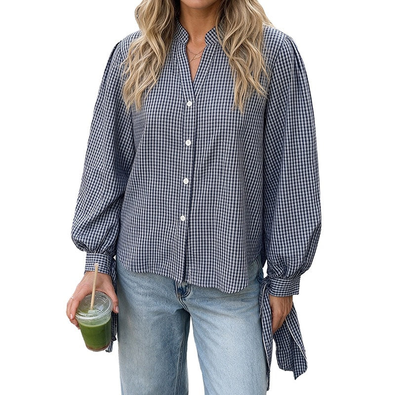 Damen Locker geschnittene Vichy-Karo-Bluse mit Stehkragen, Knopfleiste und Bindemanschetten Nord Taschen
