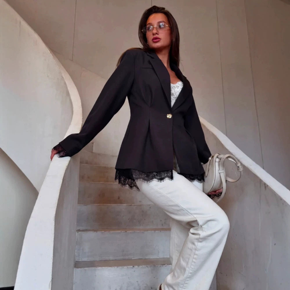 Damen Taillierter Blazer mit Spitzenbesatz, strukturierter Schulter und Ein-Knopf‑Verschluss Nord Taschen