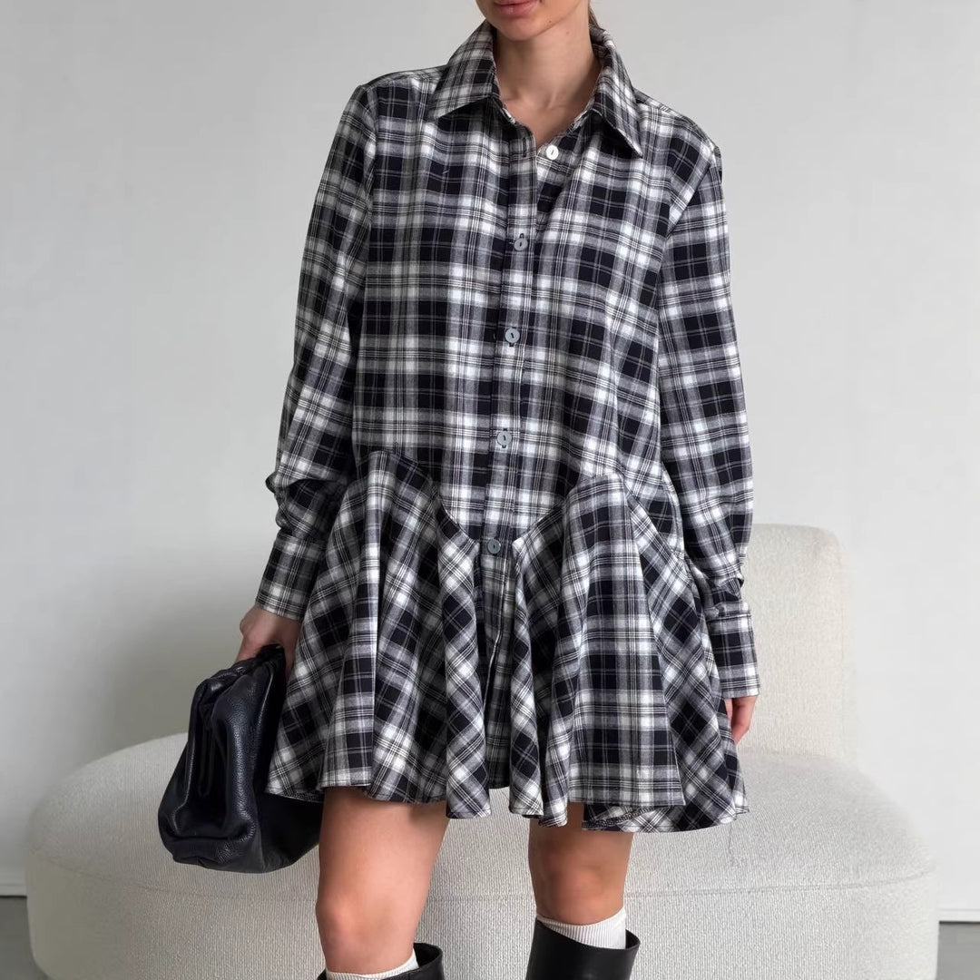 Damen Kariertes Hemdblusen-Minikleid mit ausgestellter Volant-Taille Nord Taschen