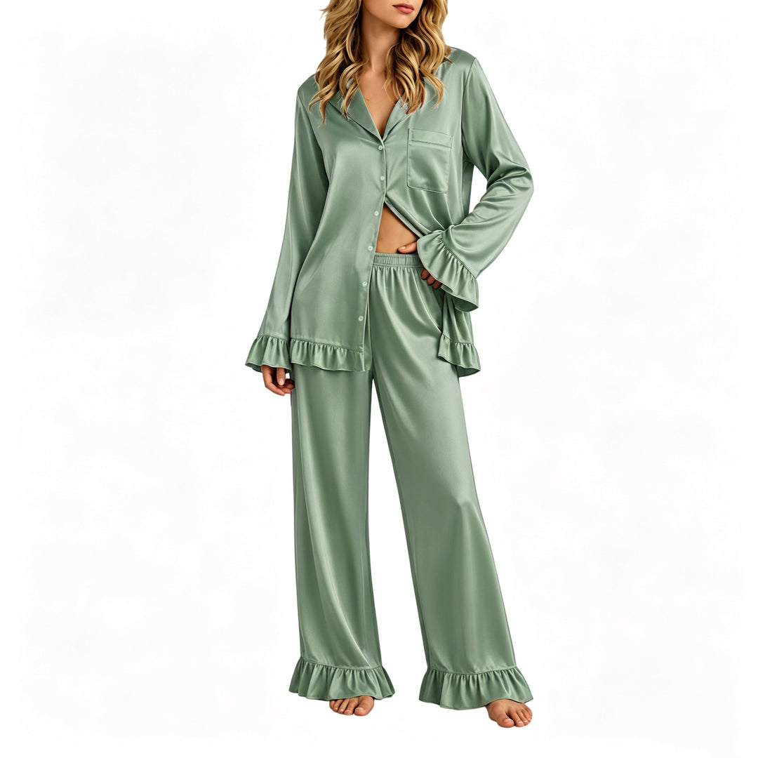 Damen Satin-Pyjama-Set mit Knopfhemd, weiten Palazzo-Hosen und Rüschensaum Nord Taschen