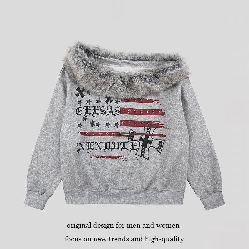 Damen Off-Shoulder Sweatshirt mit Fake-Fur-Kragen, Relaxed-Fit und Vintage-Flaggenprint Nord Taschen
