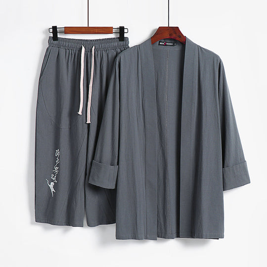 Damen Kimono-Set aus leichter Baumwollmischung offene Jacke mit lässig gekrempelten Ärmeln und weiter Haremshose mit Kordelzug Nord Taschen