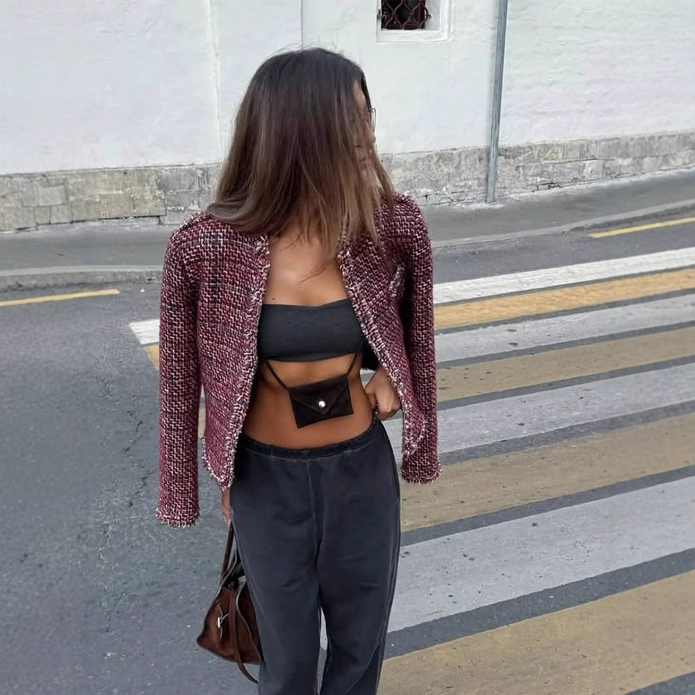 Damen Kurze Bouclé-Tweed-Jacke mit Fransenbesatz und Zierknöpfen Nord Taschen