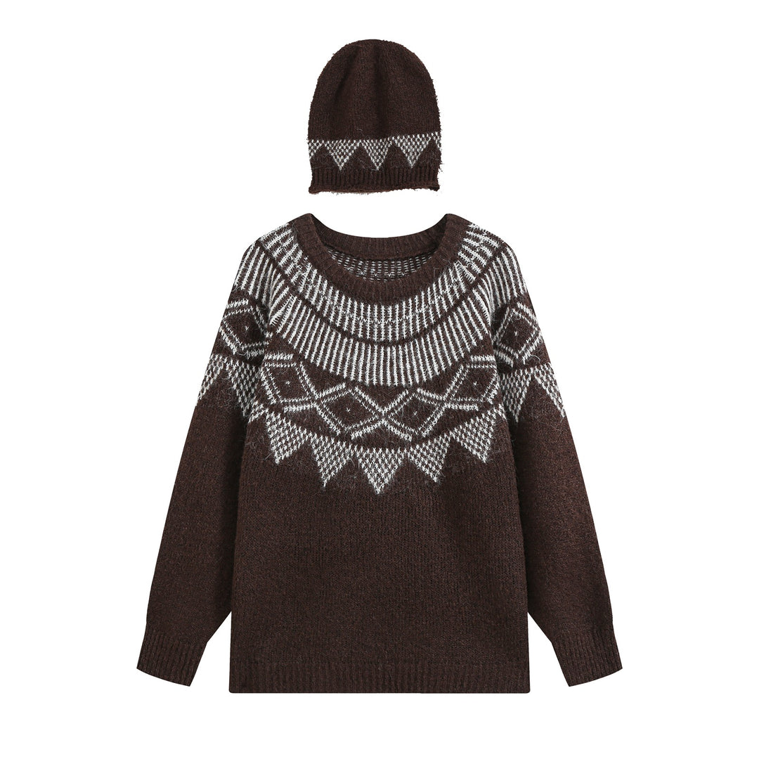 Damen Oversize Norweger‑Strickpullover mit Rundhalsausschnitt und passender Strickmütze Nord Taschen