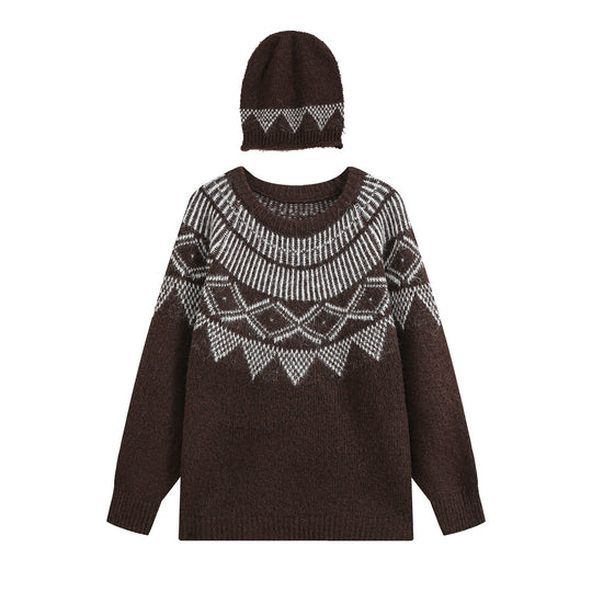 Damen Oversize Norweger‑Strickpullover mit Rundhalsausschnitt und passender Strickmütze Nord Taschen