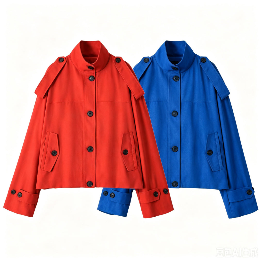 Damen Kurzer Trenchcoat mit Stehkragen und Schulterklappen Nord Taschen