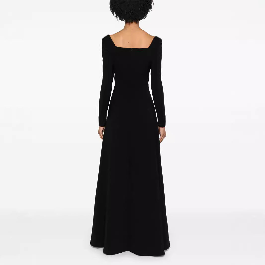 Damen Maxilanges Abendkleid im minimalistischen A-Linien-Schnitt mit quadratischem Ausschnitt und langen Ärmeln Nord Taschen