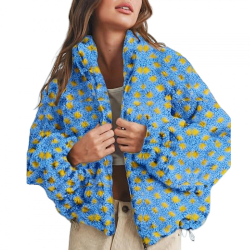 Damen Kurz geschnittene Sherpa Fleecejacke mit geometrischem Muster und Kordelzug Nord Taschen