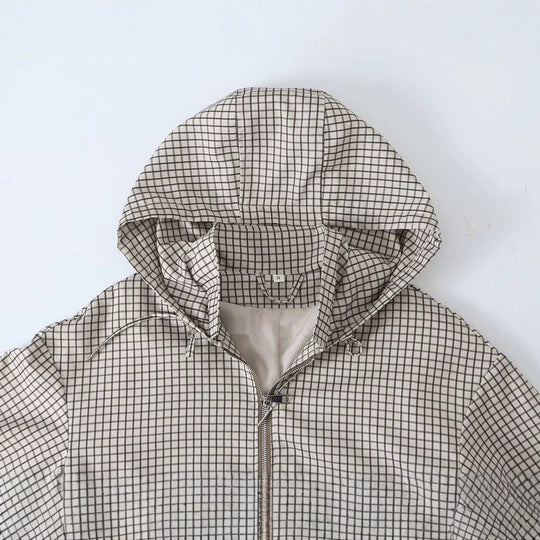 Damen Leichte Kapuzen-Boxy-Übergangsjacke mit Karo-Gitterprint, Tunnelzug und Elastikbündchen Nord Taschen