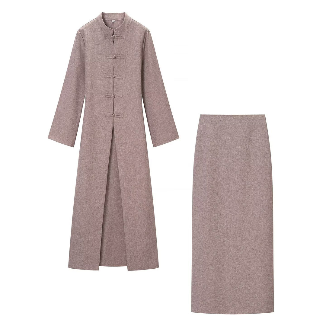 Damen Langärmliges Maxikleid mit Stehkragen Knebelknopfverschluss und vorderem Schlitz Nord Taschen