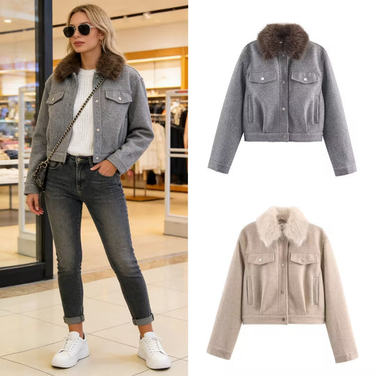 Damen Kurze Wolljacke mit voluminösem Fellkragen, Druckknopf‑Front und aufgesetzten Brusttaschen Nord Taschen