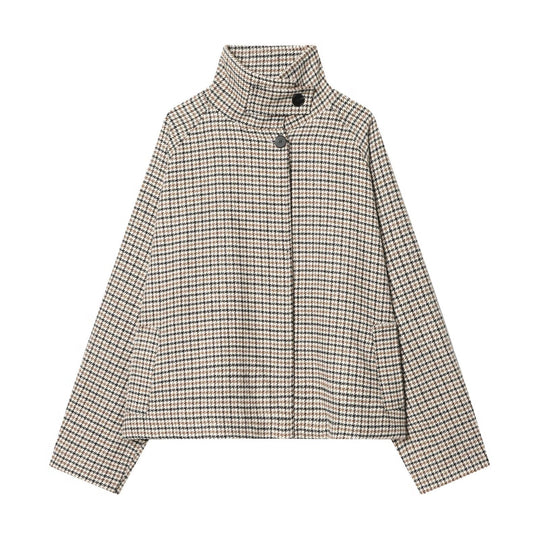 Damen Kurzjacke im Hahnentritt‑Muster mit hohem Stehkragen und Oversize‑Raglanärmeln Nord Taschen