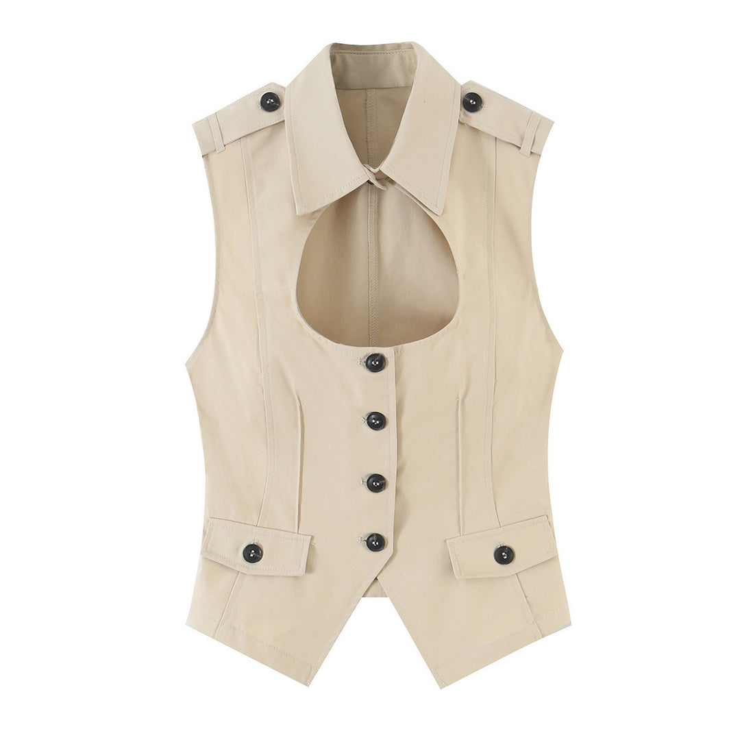Damen Ärmellose taillierte Trench-Weste mit Cut-Out, Schulterklappen und Pattentaschen Nord Taschen