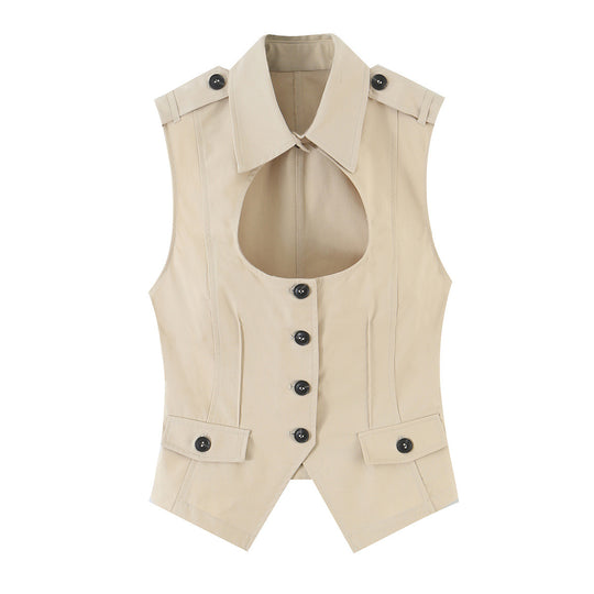 Damen Ärmellose taillierte Trench-Weste mit Cut-Out, Schulterklappen und Pattentaschen Nord Taschen