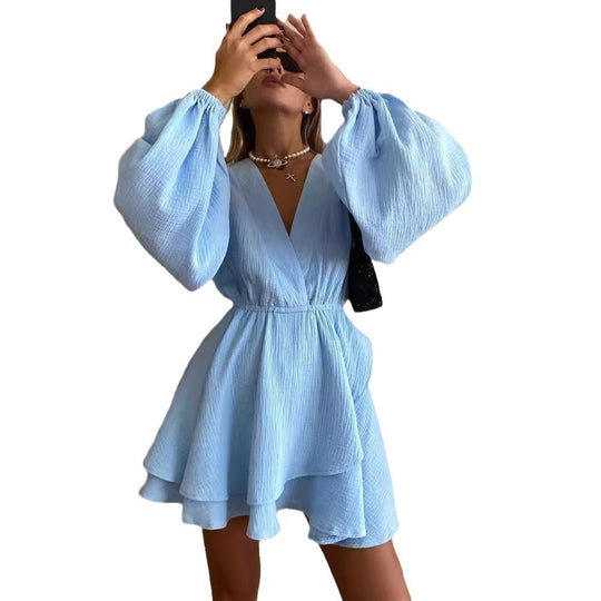 Damen Luftiges Wickelkleid mit Volantstufen und Ballonärmeln Nord Taschen