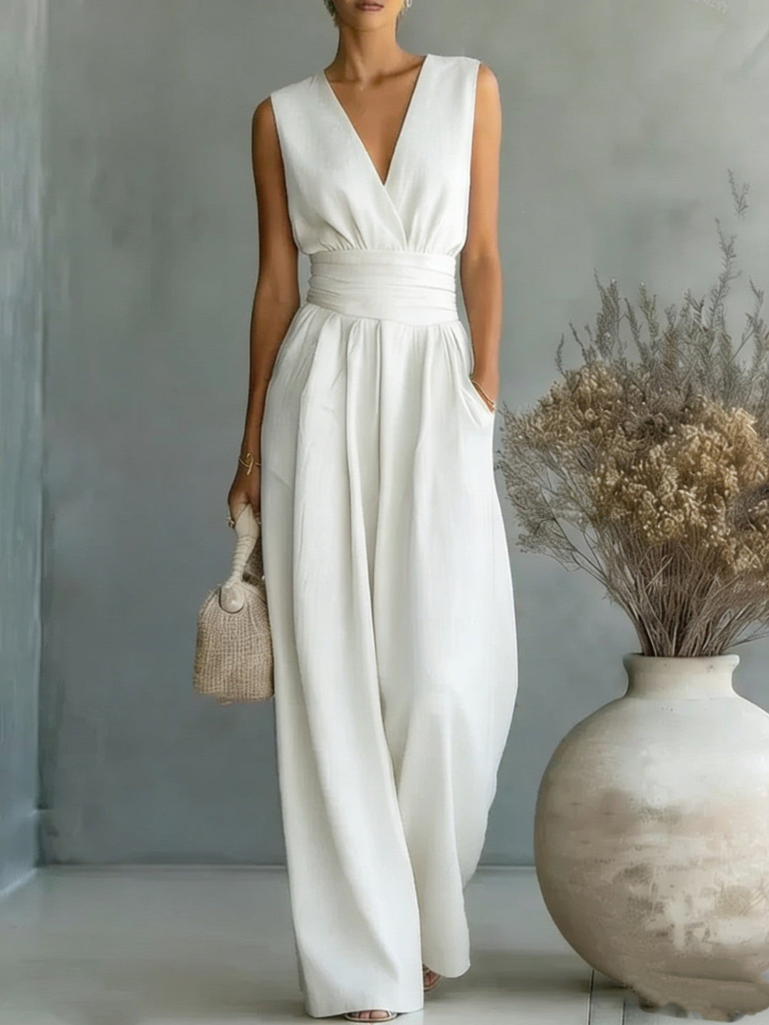 Eleganter Ärmelloser Jumpsuit mit Tiefem V-Ausschnitt, Taillenbund und Weitem Bein Avellé