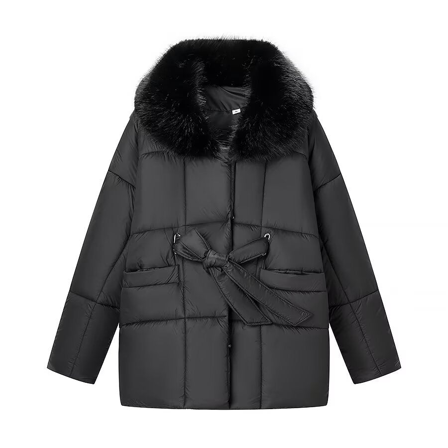 Damen Oversize Steppjacke mit Taillengürtel und Kunstfellkragen Nord Taschen
