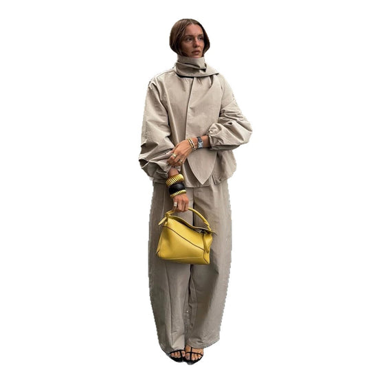 Damen Zweiteiliges Oversize-Hosenanzug-Set mit asymmetrischem Stehkragen Nord Taschen