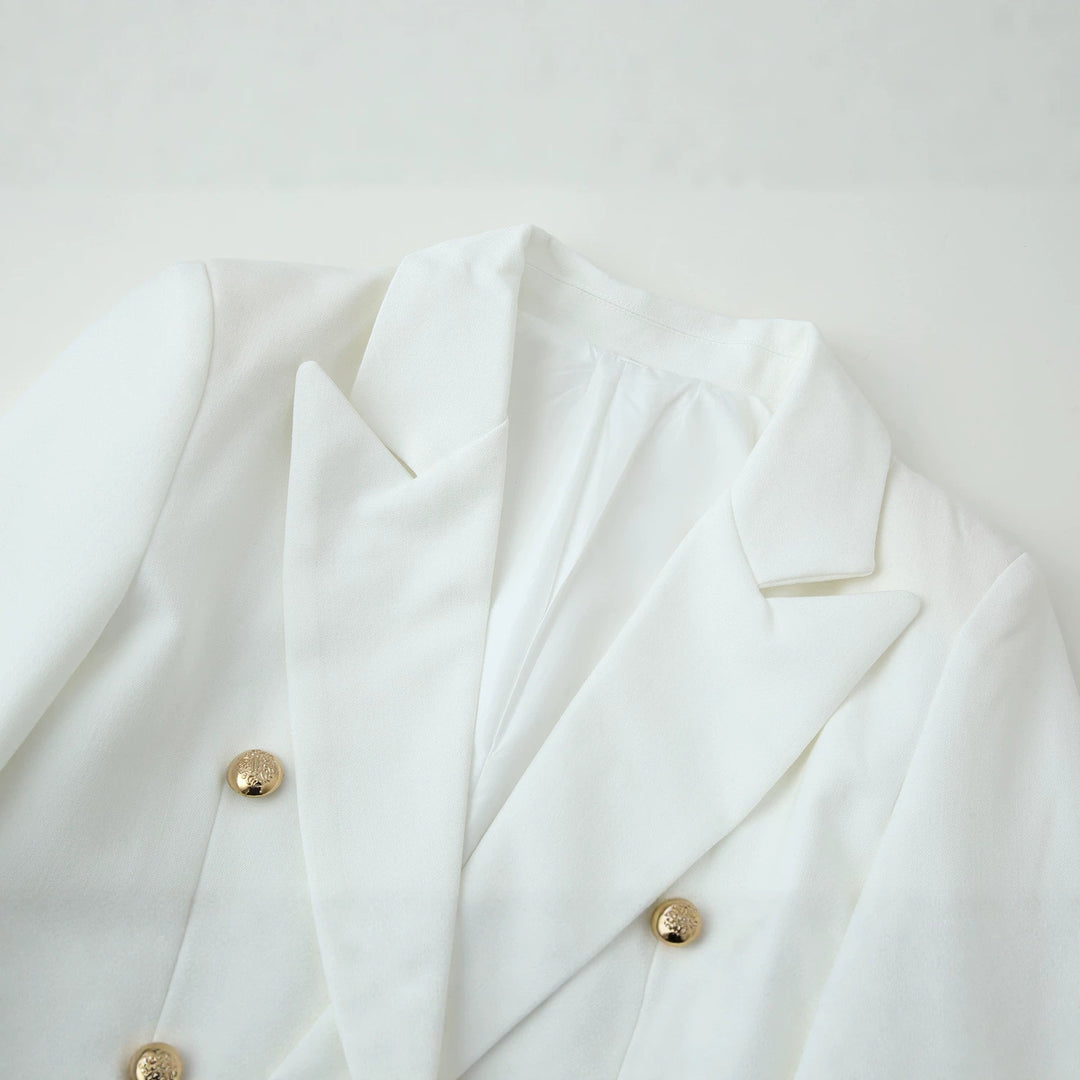 Damen Doppelreihiger Longline-Blazer mit Schalkragen und goldenen Zierknöpfen Nord Taschen