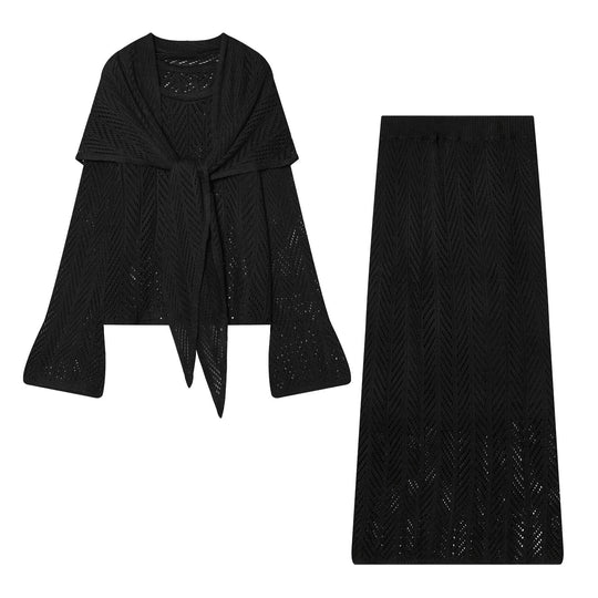 Damen Zweiteiliges Strick-Set mit Wickelcardigan und Midirock Nord Taschen