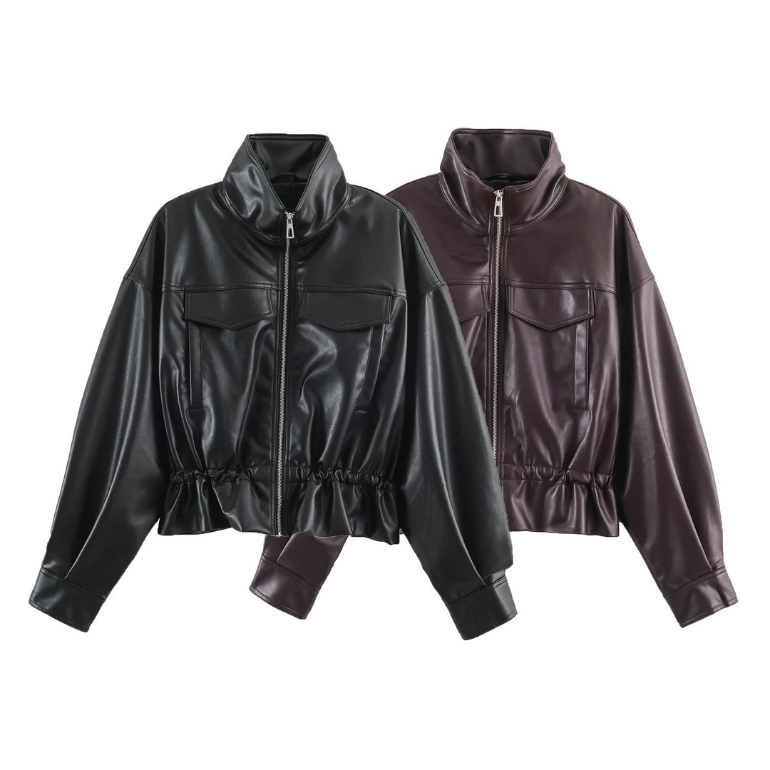 Damen Oversize Blousonjacke aus veganem Leder mit hohem Stehkragen und Kordelzugtaillierung Nord Taschen