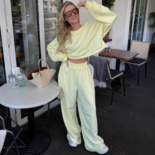 Damen Relaxed-Zweiteiler mit cropped Rundhals-Sweatshirt und extraweiter High-Waist Palazzo-Jogginghose Nord Taschen