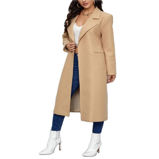 Damen Maxilanger Einreihiger Mantel im minimalistischen Tailoring mit verdeckter Knopfleiste und Eingrifftaschen Nord Taschen