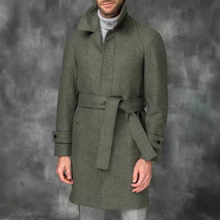 Herren Mantel mittellang aus Wollmix mit Bindegürtel und verdeckter Knopfleiste Nord Taschen