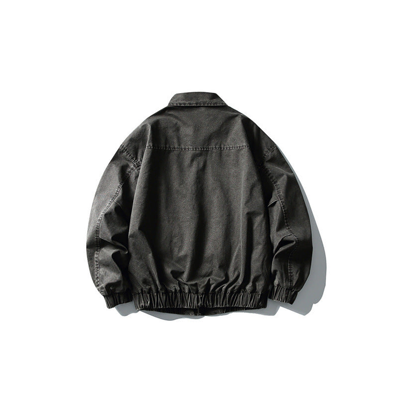 Unisex Kurze kastige Denim-Blousonjacke mit Reißverschluss, Hemdkragen und elastischem Saum Nord Taschen