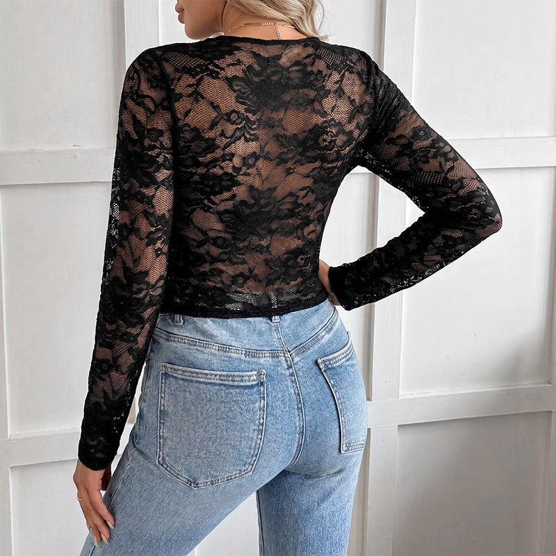 Damen Spitzen-Longsleeve Crop-Top mit V-Ausschnitt und Kordelbindung Nord Taschen