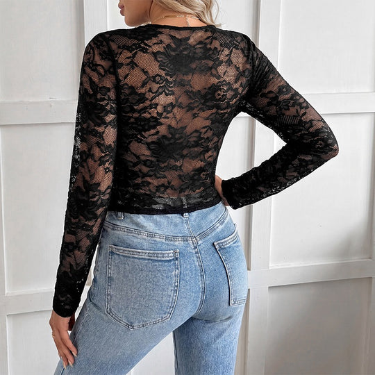 Damen Spitzen-Longsleeve Crop-Top mit V-Ausschnitt und Kordelbindung Nord Taschen
