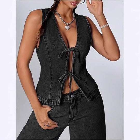 Damen Enganliegende Jeansweste mit V-Ausschnitt und Bindeschnürung Nord Taschen
