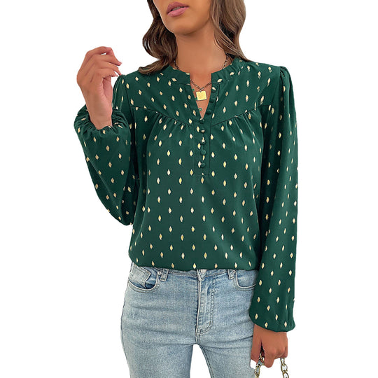 Damen Leichte Viskosebluse mit zartem Ikat‑Print, Stehkragen und dekorativer Knopfleiste Nord Taschen