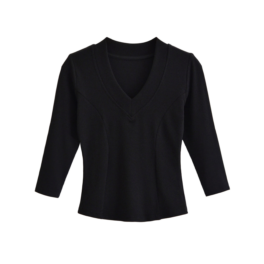 Damen Geripptes Langarmshirt mit V-Ausschnitt und taillierter Schnittführung Nord Taschen