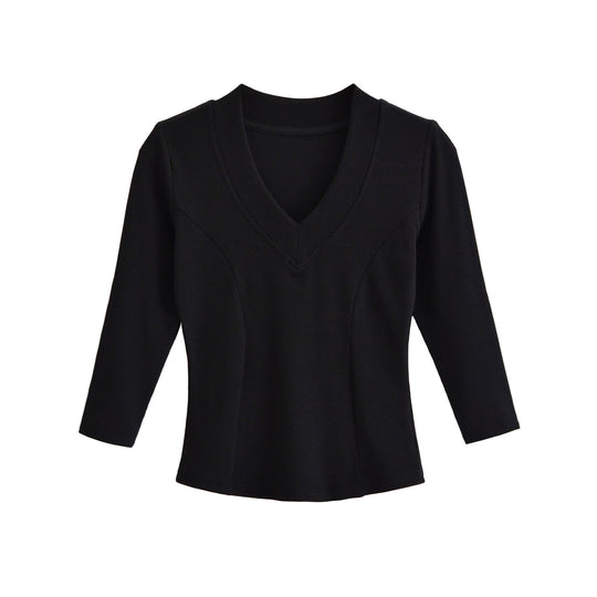 Damen Geripptes Langarmshirt mit V-Ausschnitt und taillierter Schnittführung Nord Taschen