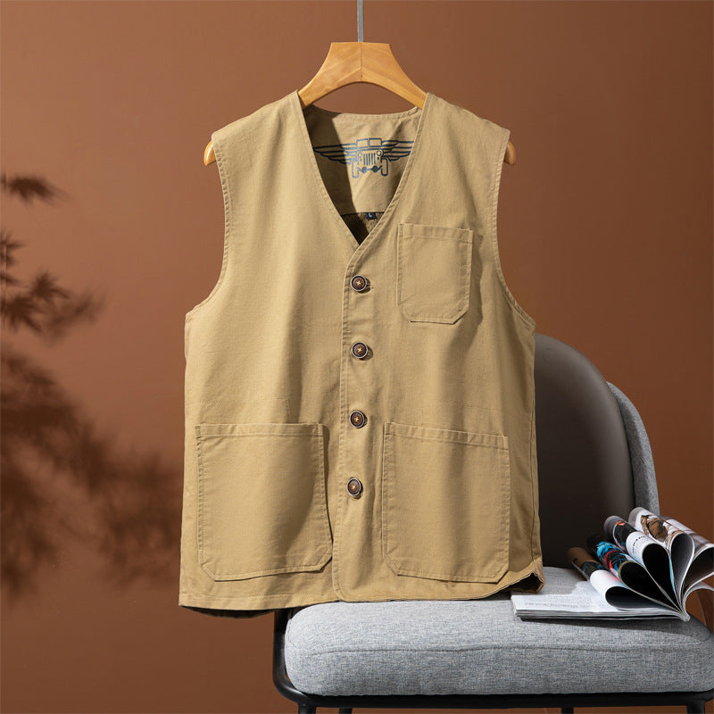 Herren Ärmellose Utility-Canvas-Weste mit V‑Ausschnitt, Knopfleiste und aufgesetzten Taschen Nord Taschen