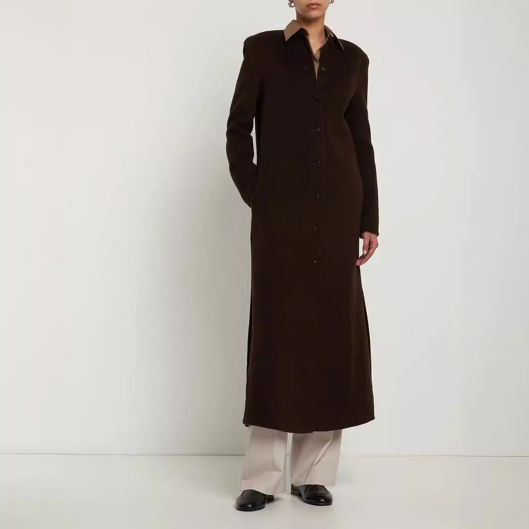 Damen Langer Minimalistischer Stehkragenmantel aus Wollmix mit verdeckter Knopfleiste Nord Taschen