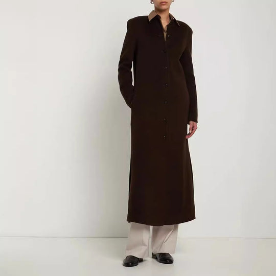 Damen Langer Minimalistischer Stehkragenmantel aus Wollmix mit verdeckter Knopfleiste Nord Taschen