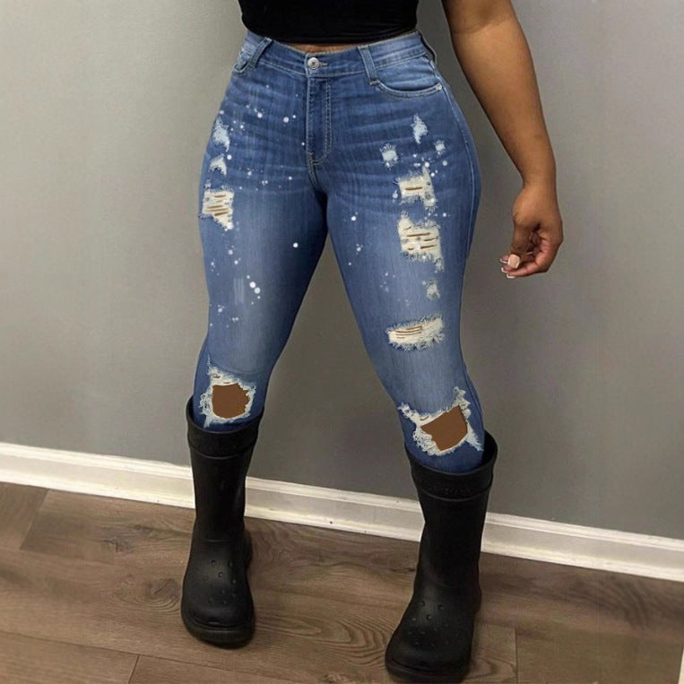 Damen hochgeschnittene enggeschnittene Superstretch-Jeans mit Used-Knierissen und Paint-Splatter Nord Taschen