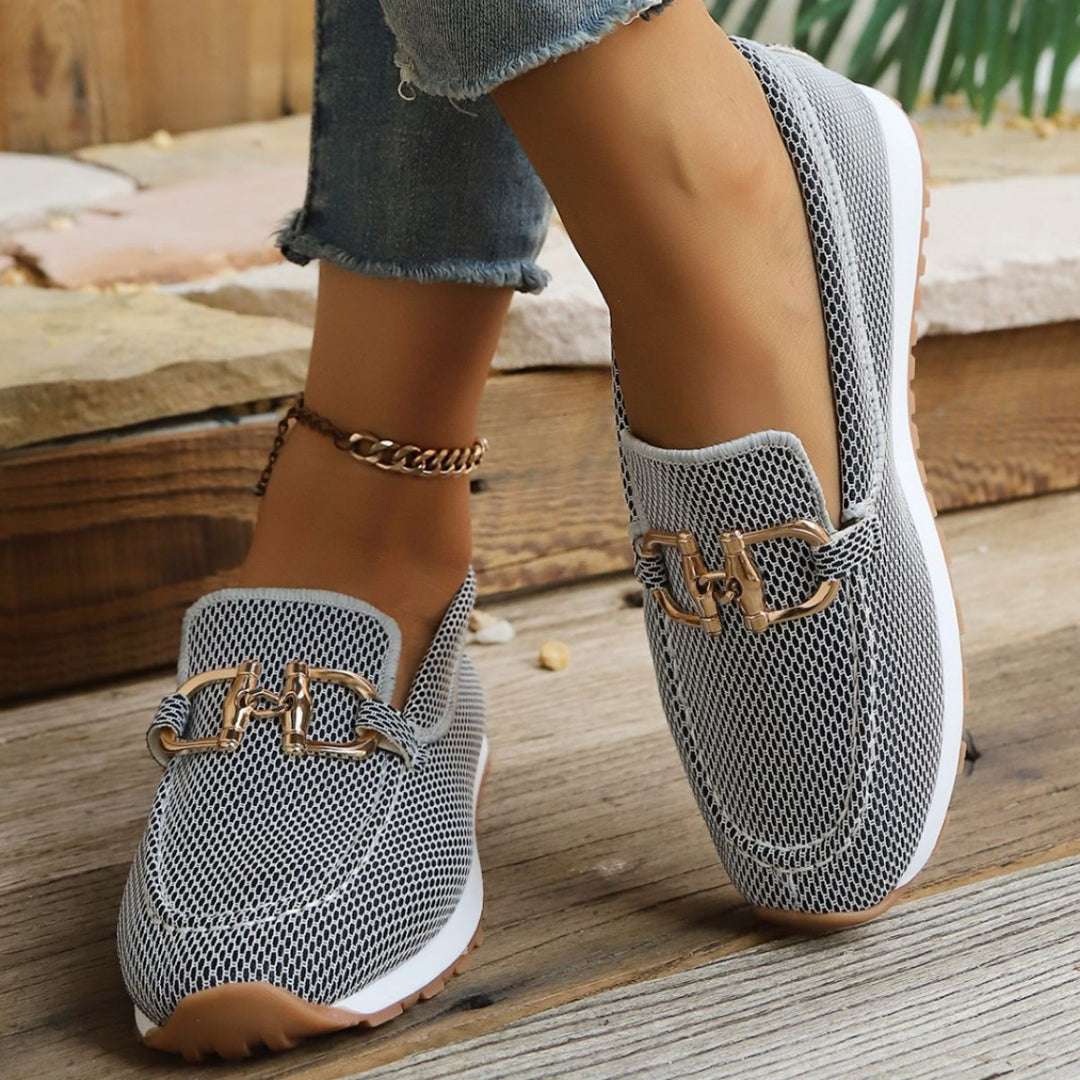 Damen Atmungsaktive Mesh-Slipper-Loafer mit goldfarbener Schnallendekor und leichter Gummisohle Nord Taschen