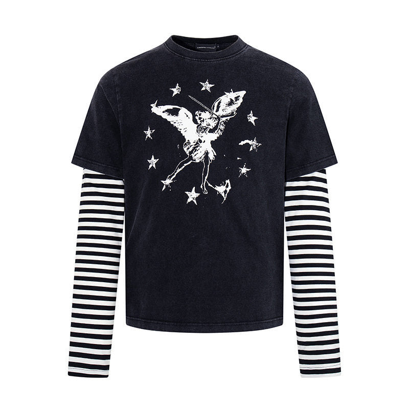 Damen Lagen-Langarmshirt mit gestreiften Unterärmeln und Vintage-Engel-Print Nord Taschen