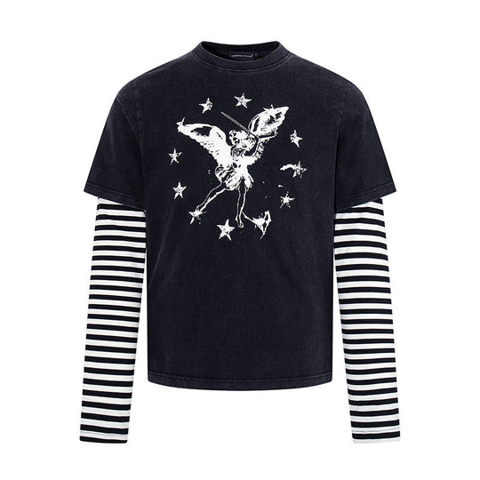 Damen Lagen-Langarmshirt mit gestreiften Unterärmeln und Vintage-Engel-Print Nord Taschen