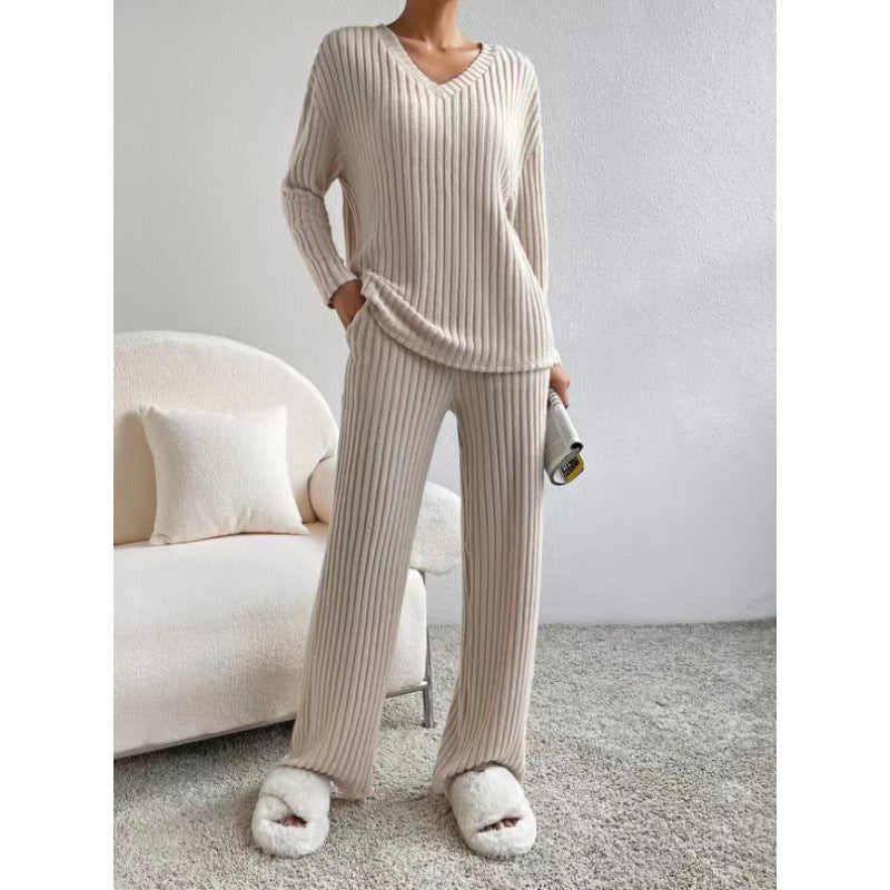 Damen Gemütliches Rippstrick-Loungewear-Set mit V-Ausschnitt und weitem Bein Nord Taschen