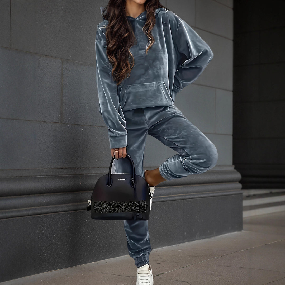 Damen Samt-Hoodie- und Jogginghose-Set mit Oversize-Schnitt Nord Taschen