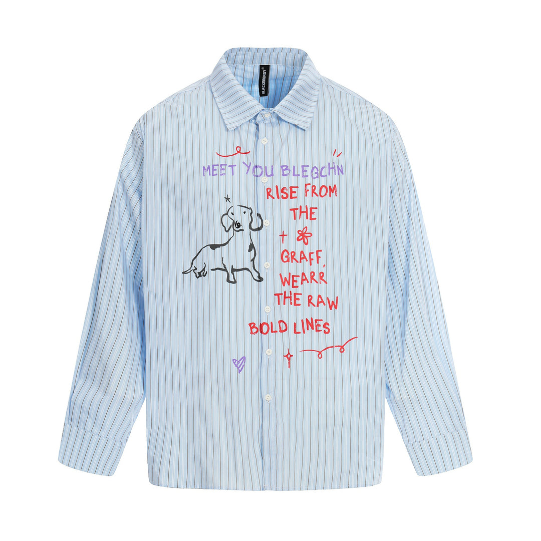 Damen Oversize-Hemdbluse mit Streifenstruktur und handgezeichnetem Grafikprint Nord Taschen