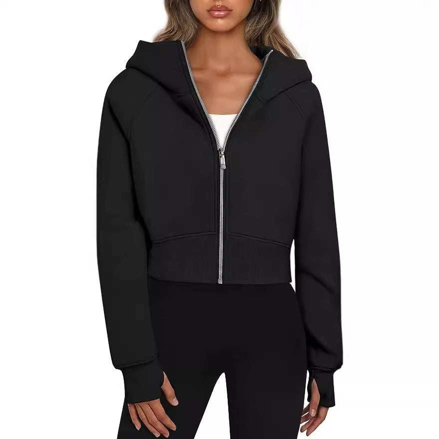 Damen Kurz geschnittener Performance-Kapuzenpullover mit durchgehendem Reißverschluss und Daumenlochbündchen Nord Taschen