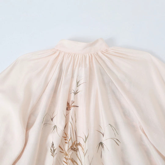 Damen Bluse mit Stehkragen, durchgehender Knopfleiste und weiten Ballonärmeln Nord Taschen
