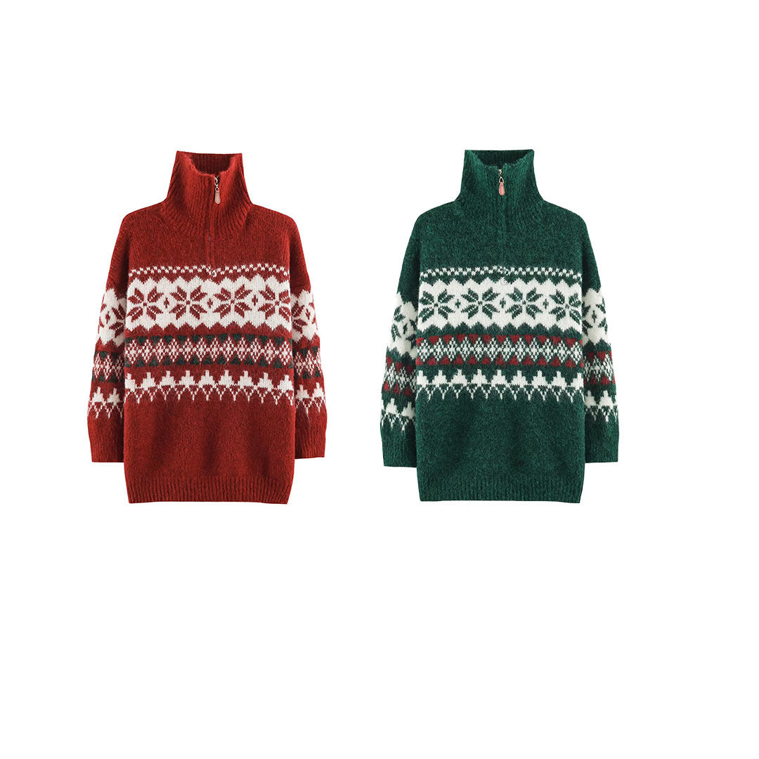Damen Norwegermuster Strickpullover mit halbem Reißverschluss und Stehkragen Nord Taschen